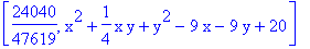 [24040/47619, x^2+1/4*x*y+y^2-9*x-9*y+20]